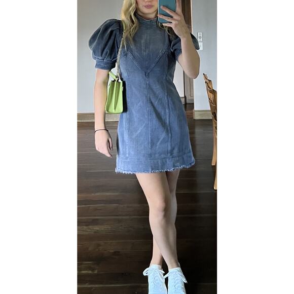 ELLIATT Blue Denim 100% Cotton Puff Sleeves Mock Neck Ocean Midi Dress Small - Picture 16 of 16